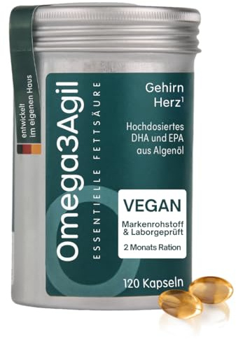 AgilNature Omega 3 Vegan I 120 vegane Algenöl Kapseln mit 530 mg DHA & EPA täglich I 2 Monatsration I Omega 3 Kapseln hochdosiert als sichere Alternative zu Fischöl I Made in Germany I Omega3Agil