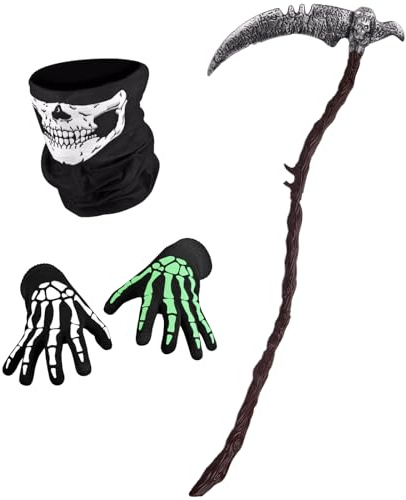 Sensenmann Kostüm Set,2025 Neue Halloween Sense Kostüm & Glüh Skeletthandschuhe & Skelett Maske,Dualklingen Design Sense Sensenmann Zubehör für Kinder Erwachsene Halloween Karneval Cosplay Mottoparty