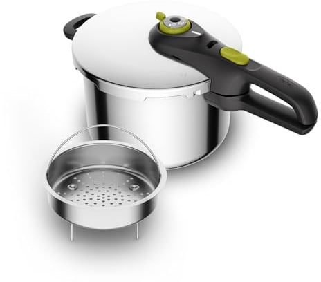 Tefal Secure 5 Neo Schnellkochtopf 6L Edelstahl, 22cm, Korbeinsatz & Dreifuß, 2 Garstufen, Secure 5 Sicherheitssystem, alle Herdarten, induktionsgeeignet, spülmaschinenfest, P2530738