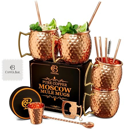 Copper-Bar Moscow Mule Kupferbecher | 4er-Set gehämmerter Becher | 100% HANDGEFERTIGT aus reinem Kupfer | Geschenkset mit Cocktailstrohhalmen, Schnapsglas, Untersetzern, Kupferrührer und Flaschenöffn