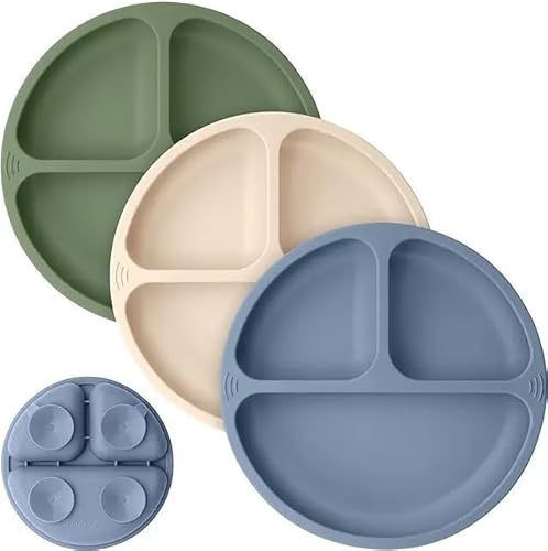 BebeCalin Baby teller mit Saugnapf, Silikon-Saugnapfteller für Kleinkinder, Kinder, Selbstfütterung, Entwöhnungsplatten für Hochstuhl-Tablett, unzerbrechlich (Blau + Creme + Grün)