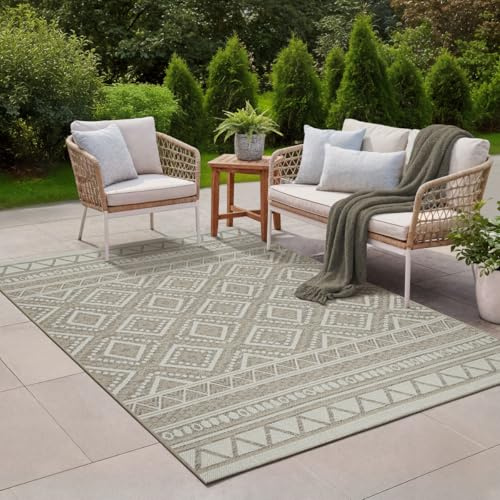 the carpet Calgary - Outdoor Teppich Wetterfest für Balkon & Terrasse, Robuster Flachgewebe Teppich für Garten, Pflegeleicht In- & Outdoor, Boho Vintage Design, Beige, 160 x 220 cm