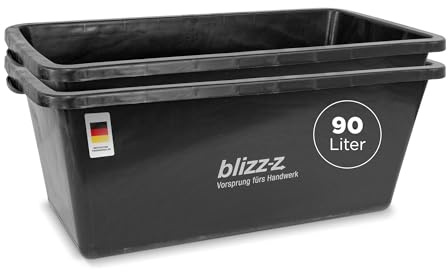 blizz-z Mörtelkasten L 78 x B 47 x H 32 cm (90 Liter) eckig schwarz in Profiqualität (2 Stück) | Baueimer, Kübel, Mörtelwanne, Pflanzenwanne für Hochbeet, Kunststoff | Made in Germany