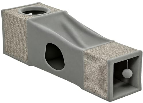 PawHut Katzentunnel Faltbar Katzenspielzeug mit Ball, Katzenhöhle Rascheltunnel Spieltunnel für Katzen 98 x 30 cm Braun+Grau