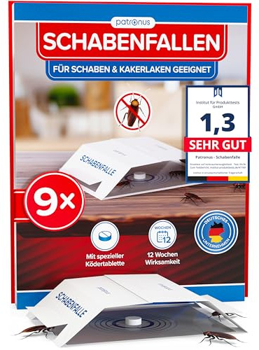 Patronus Schabenfalle [9X] mit effektiven & giftfreien Ködertabletten | Starke Monitoring-Klebefalle, Kakerlakenfalle zur Befallsermittlung von Küchen-Schaben & Kakerlaken in allen Wohnräumen