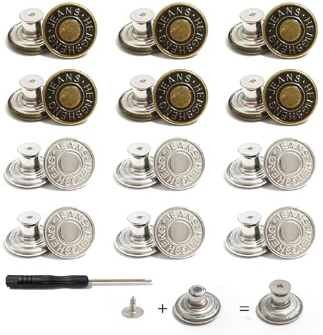12 Stück Ersatz Knöpfe, Jeans Knöpfe Ohne Nähen 17 mm Button verstellbare Jeansknöpfe mit Schraubendreher, Abnehmbare Hosen Knopfe für Jeans Kleidung Taschen(Silber+Bronze)