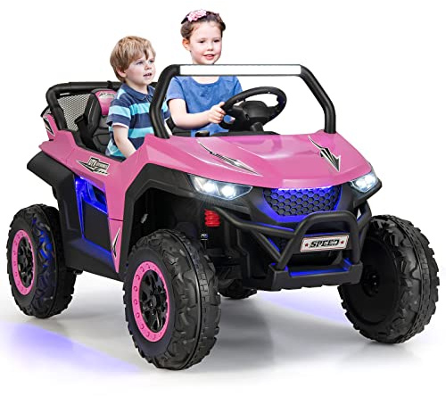 COSTWAY 2 Sitzer Kinderauto mit 2,4G Fernbedienung, 12V Kinder UTV mit Musik und Scheinwerfer, Elektro Auto 2-4 km/h, für Kinder ab 3 Jahren (Rosa)