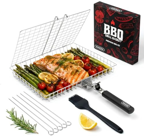 SHIZZO Grillkorb, Barbecue-Bbq-Grillkorb, Große Faltbare Grillkörbe Aus Edelstahl Mit Griff, Tragbarer Outdoor-Camping-Grillrost Für Fisch, Garnelen, Gemüse
