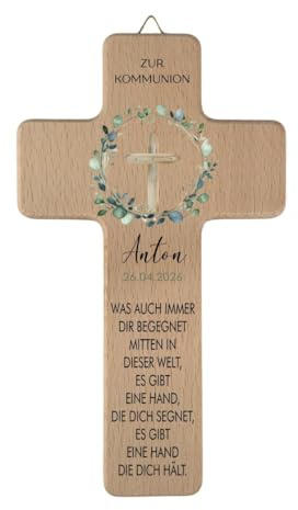 minimutz Personalisiertes Holzkreuz zur Kommunion, Kommunionsgeschenk Wandkreuz mit Namen, Datum & Segensspruch, Geschenk Patenkind Enkel