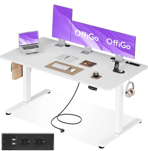 OffiGo Höhenverstellbarer Schreibtisch, 160x80cm Elektrischer Schreibtisch mit Steckdosen und USB Ladeanschluss, Tisch Höhenverstellbar mit 2 Memory Funktion, Computertisch für Büro, Zuhause, Weiß