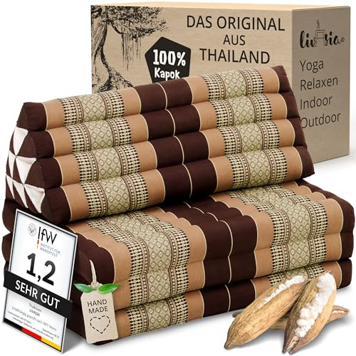 livasia Thaikissen 3 Auflagen für Paare XXL - 190x80x8cm - Dreieckskissen Klappmatratze, extrabreit Kapok, Rückenkissen faltbar, Thaimatte zum Klappen, Meditationskissen (Braun)