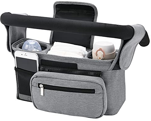 Momcozy Kinderwagen Organizer Universal mit Isolierten Getränkehalter/Becherhalter, Buggy Kinderwagentasche Baby Zubehör mit Reißverschlusstasche, Schultergurt und Großem Stauraum für Windeln&Handys