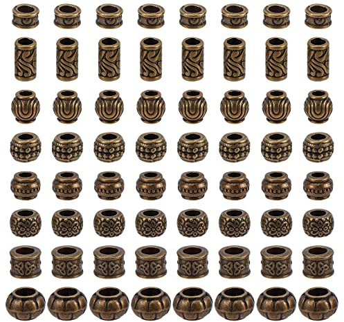 NBEADS 80 Stück 8 Stile Legierung Europäische Perlen, Antike Tibetische Dreadlock Perlen Bronze Spacer Beads Charm Großes Loch Ketten Perlen Haarperlen Für DIY Schmuckherstellung, Bohrung: 5.5 mm