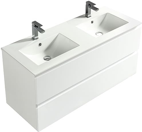 Alpenberger Doppelwaschtisch mit Unterschrank | Doppelwaschbecken Doppelspüle Doppelspülbecken | Waschbeckenunterschrank 120 cm Breit 2 Becken | Badezimmer Waschtisch Weiß | Waschbecken XXL