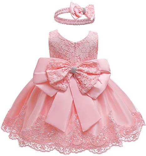 LZH BabyMädchen Spitzenkleid mit Rüschenschleife für Festzug Party Hochzeit | Spitzen-Tüll-Kleid mit passendem Schleifenstirnband und großer Dekorschleife für Hochzeit, Festzug und Geburtstag
