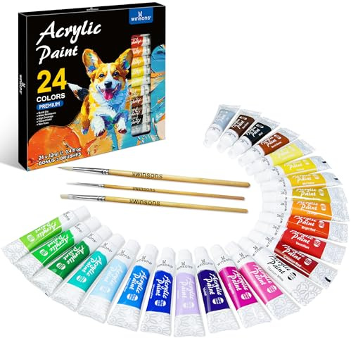 WINSONS Acrylfarben-Set, 24 Farben für Leinwand, Keramik, Handwerk, Stoff, Holz, Papier, Felsmalerei, Ungiftig, Wasserfest (je 12 ml)