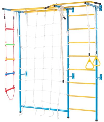 VEVOR Sprossenwand Turnwand Klettergerüst für Kleinkinder, 7-in-1-Kletterspielset mit schwedischer Leiter aus Karbonstahl, Klimmzugstange & Strickleiter & Turnringen 100 kg belastbar mehrfarbig