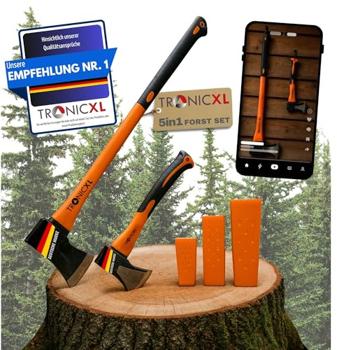 TronicXL Spaltaxt Set für Holz Forst Axt Beil Keile I Kurzes Spaltbeil 600g Axt + Lange Fällaxt 2000g + Fällkeile I Profi Spaltaxt mit Keilen für Forstbedarf, Camping & Outdoor, Feuerholz