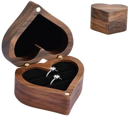 Amexo Herzförmige Ringbox Holz Ringschatulle, Walnussholz Ringbox mit 2 Slot und Schwarz Samt, Holz Ringträger Ohrring Schmuck Box für Vorschlag Hochzeit Verlobung