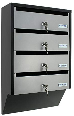 Rottner Depot 4 Briefkastenanlage Silber Schwarz Stahlblech Namensschildhalter Zylinderschloss je 2 Schlüssel HxBxT 600x385x140 mm für 4 Parteien Befestigungsmaterial