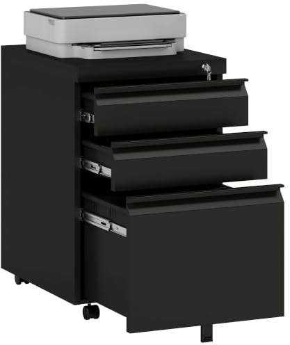 HOMCOM Rollcontainer 3 Schubladen Abschließbar 39 x 48 x 60 cm Schwarz | Mobiler Aktenschrank mit Rollen, Büroschrank mit Konkavem Griff, Schubladenschrank für Büro, Homeoffice