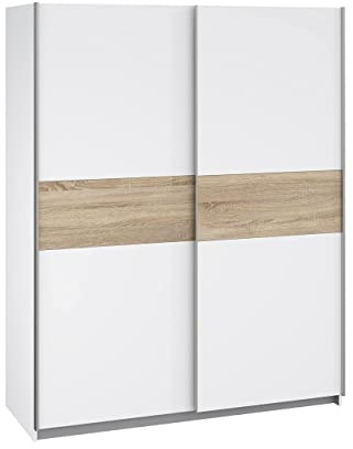Forte WINNER Schrank 150, moderner Kleiderschrank Weiß, Schwebetürenschrank, 2-türig, Weiß / Holzdekor Sonoma Eiche, 150 cm breit x 190,5 cm hoch x 61 cm tief