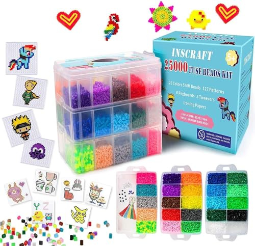 Sicherungsperlen-Set, INSCRAFT 25.000 Stück, 26 Farben, 5 mm, einschließlich 127 Muster, 4 große Quadrate, 1 Herz-Stecktafeln, 1 Blumen-Bügelpapier, Pinzette, Eisenperlen zum Basteln