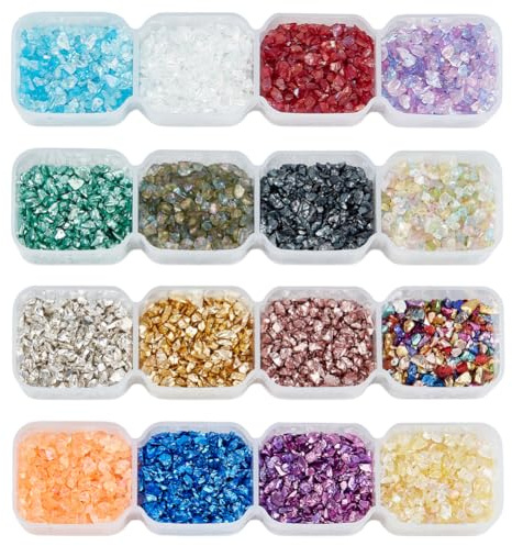 OLYCRAFT 144g Glaschips 16 Farben Crushed Glass Glitter Ungebohrte Glasperlen Für Nail Art Crafts Resin DIY Handyhülle Vase Füllstoffe Schmuck Making Home Decoration