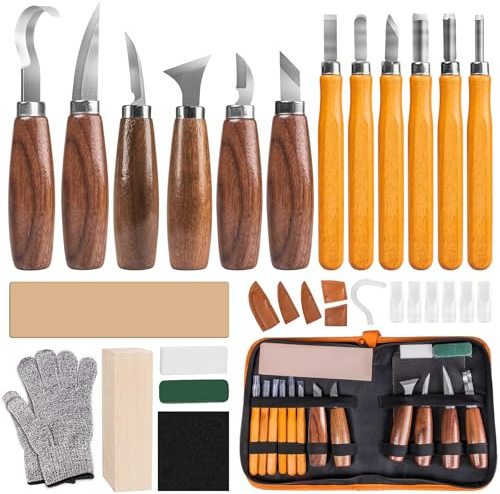 FANTICDE Holz SchnitzwerkzeugSet,30 in 1 SchnitzsetSet mit 12 Schnitzmesser,mit für Anfänger/Profis Schnitzen mit Schnittfeste Handschuhe,Mattiertes Papier und Schleifsteine,Lederschutzhülle