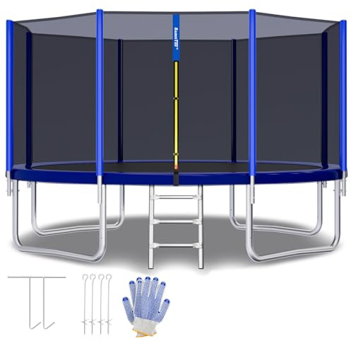 SAIBERTAN Trampolin Outdoor Ø244/305/366 cm, Rundes Gartentrampolin mit 4 Erdnägeln & Sicherheitsnetz – EXTRA STARK & WETTERFEST (INTERTEK GS-Zertifiziert) – Inklusive Leiter und Gepolsterten Stangen