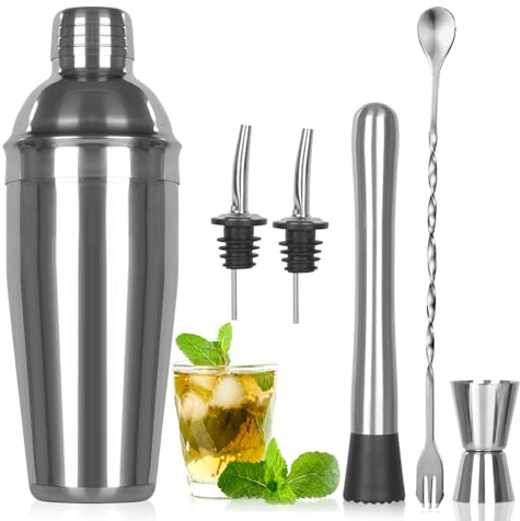 750ml Cocktailshaker Set, 6-tlg Edelstahl Set mit integriertem Sieb | Einfach für Anfänger, professionelles Barkeeper Zubehör, Shaker Edelstahl Cocktail für Hausbar, Party und professionelle Bars
