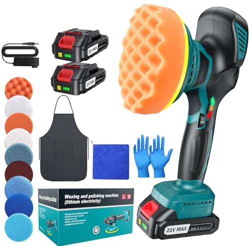 Akku Poliermaschine Auto 150mm Exzenter mit 2×21V 2000mAh Batterien, 13-tlg Polierset, 6 Geschwindigkeiten bis 5500RPM, Kabellose Auto poliermaschinen, polishing machine