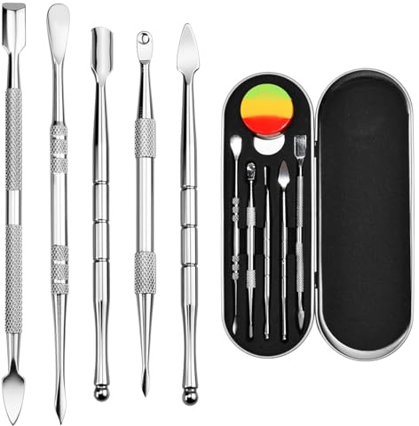Zuxbolf 5 Stück Modellierwerkzeuge Set Edelstahl Töpferwerkzeug Doppelendiges Schnitzwerkzeug Ton Werkzeug DIY Sculpting Tools mit Eisenbox und 3ml Silikonbehälter für Wachs, Keramik, Skulpturen