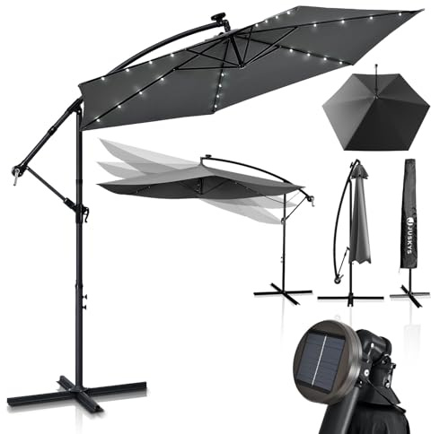 Juskys Ampelschirm Brazil 350 cm LED Beleuchtung Solar & Kurbel - UV-Schutz wasserabweisend knickbar - Hülle - Sonnenschirm Marktschirm grau