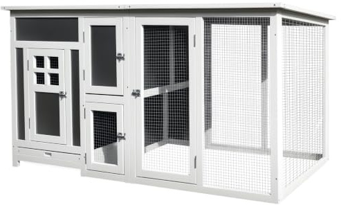 PawHut Hühnerstall Hühnerhaus 160 x 75 x 80 cm für 1-2 Hühner Grau+Weiß | Aus Holz, Freilaufgehege Mit Tür, Nistkasten, Wasserdicht Dach, Herausziehbarem Tablett, Sitzstange, Auslauf