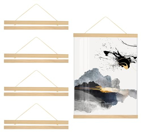 HFDONGL 4 Stück A3 Posterleiste Holz Magnetisch Posterschiene 31 cm Posterleisten Bilderrahmen Magnetisch Bilderleiste Holz Poster Aufhänger Bilderrahmen Leiste für Poster Fotos Kunstgemälden