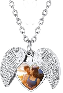 Custom4U Personalisierte Medaillon zum Öffnen für Bilder Damen Fotokette | Engelsflügel Medaillon Foto Kette mit Gravur Silber/Gold/Schwarz Locket Amulett mit 50cm kette Geschenk für Mutter Ehefrau