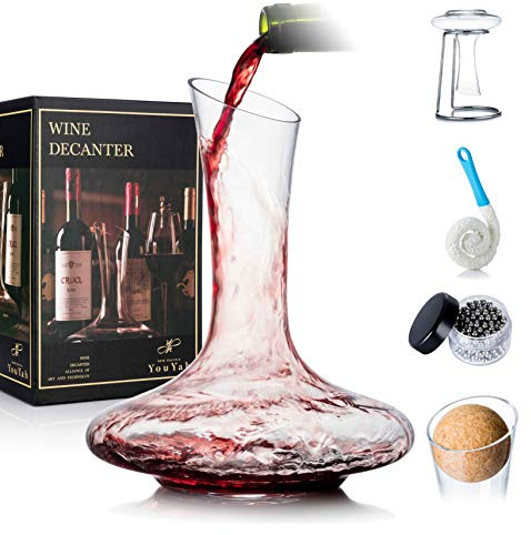 Weinkaraffe Weinbelüfter Set mit Trockenständer, Stopfen, Bürste und Perlen, Dekanter, Weindekanter, Weingeschenk, Wein Dekantierer, Karaffe, Mundgeblasenes 100% Bleifreies Kristallgläser