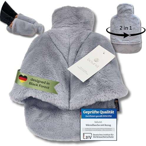 belund.® Original Premium Fußwärmer Wärmflasche mit beidseitigem extra dickem Plüsch-Bezug, 2 in 1 Bettflasche und Fußwärmflasche - Fußwärmer ohne Strom - super flauschige Wärmflasche - hellgrau