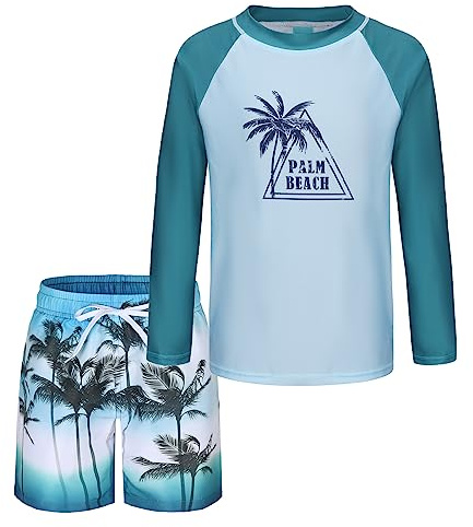 Aisyee Badeset Jungen Schwimmshirt Jungen 2-teiliges Langarm Badeshirt Mit Kinder Boardshorts Jungen UV Shutz Badeanzug Jungen 134 140/9-10 Jahre