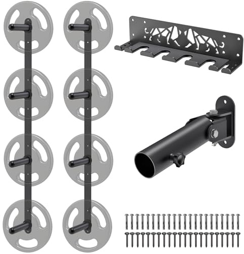 Kipika Gym Organizer-Set – Wandmontiertes 4 Heringe, Hantelscheiben-Aufbewahrungsregal (2 Stück), Langhantel-Aufbewahrungsregal mit T-Stange, Landminen-Plattform-Befestigung – langlebige