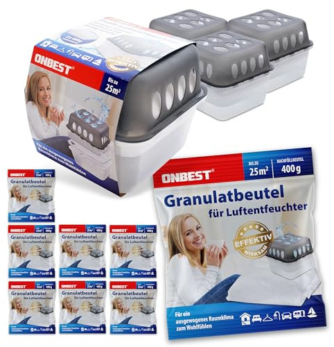 Onbest großes Luftentfeuchter Set-4x Entfeuchter mit 8x 400g Nachfüllbeutel Granulat–Gegen Feuchtigkeit, Schimmel&schlechte Gerüche–Raumentfeuchter ohne Strom-Luftentfeuchter Raumentfeuchter, Grau