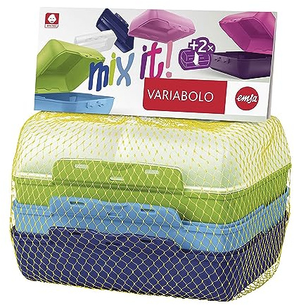 Emsa 517053 Variabolo 4-teiliges Frischhaltedosen Boys-Set (16 x 11 x 7 cm, beidseitig zu öffnen, platzsparend ineinander stapelbar) Blau/Grün