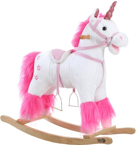 Deuba Spielwerk® Schaukeltier Einhorn inkl. Sound Effekt Sattel Zaumzeug Steigbügel Plüsch Schaukel Wippe Kinder Baby Spielzeug Balancetraining besonders weich Schaukelpferd