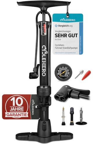 Fahrradpumpe alle Ventile * Test SEHR GUT - 10 Jahre GARANTIE * Leistungsstarke Luftpumpe Fahrrad– Fahrradpumpe Französisches Ventil - Standpumpe mit Manometer - Pumpe Standluftpumpe
