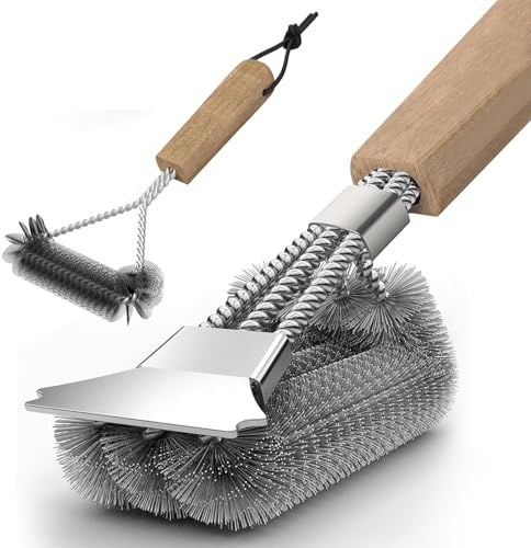 Grillbürste (2 Stück), Grill Reinigungsbürste mit Holzgriff, 39cm Grillbürste mit Edelstahl Schaber, dichte Edelstahlborsten, Dreieckig 360° Grill Drahtbürste Grillzubehör