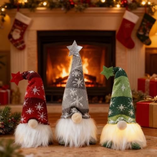 Bseical 3 StüCk Weihnachtszwerg Schwedisch, Weihnachtswichtel Beleuchtet, Handgemachte Esichtslose PlüSch Puppen, Weihnachtswichtel, Party Weihnachts Deko Spielzeug, Rot Grau Grün
