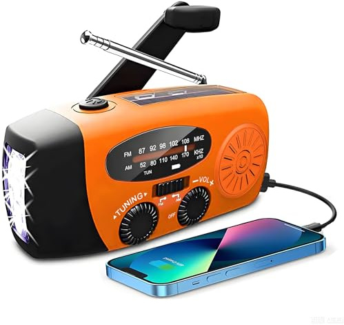 Solar Radio, Tragbar Kurbelradio Dynamo Radio mit AM/FM, Notfall Radio mit Kurbel, 2000mAh Wiederaufladbare Powerbank,LED Taschenlampe,USB-Handy-Lader für Camping Ourdoor orangefarben