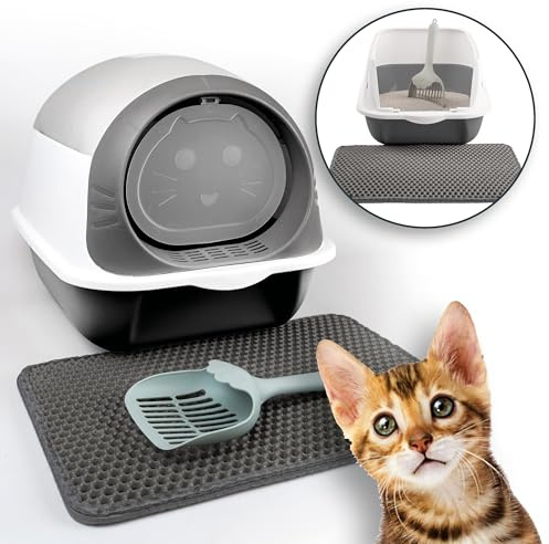 LINUMA® Katzenklo geschlossen und offen mit Deckel – Große Katzentoilette mit hohem Rand, Streumatte, Aktivkohlefilter & Schaufel – Leicht zu reinigen für Katzen (Grau) Katze