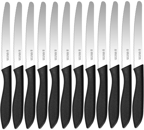 targzier Frühstücksmesser 12-teilig,Brötchenmesser mit Wellenschliff, Brotzeitmesser,Tomatenmesser,Buttermesser,Scharfes tafelmesser wellenschliff,Spezialklingenstahl,Spülmaschinenfest,schwarz